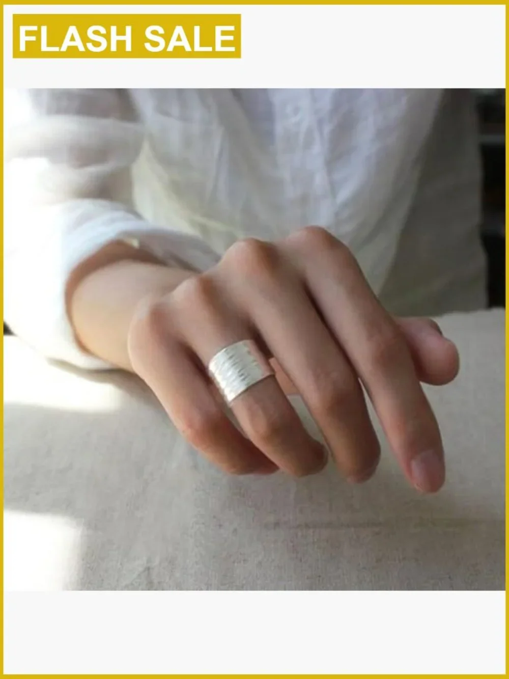 Hammered 925 Sterling Silver Adjustable Wide Cuff Band Ring